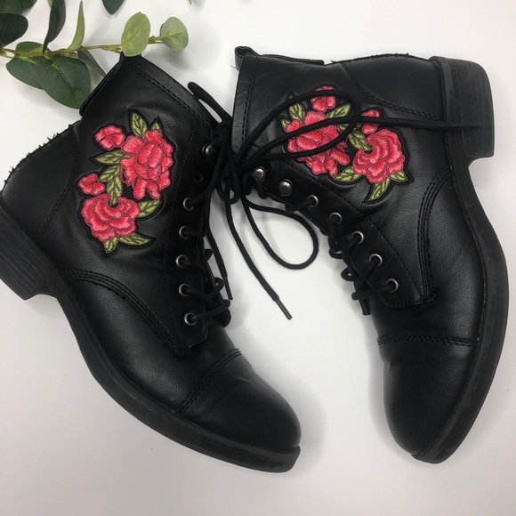 Madden Girl Shoes - Madden Girl Combat Boots Black Floral Embroidered